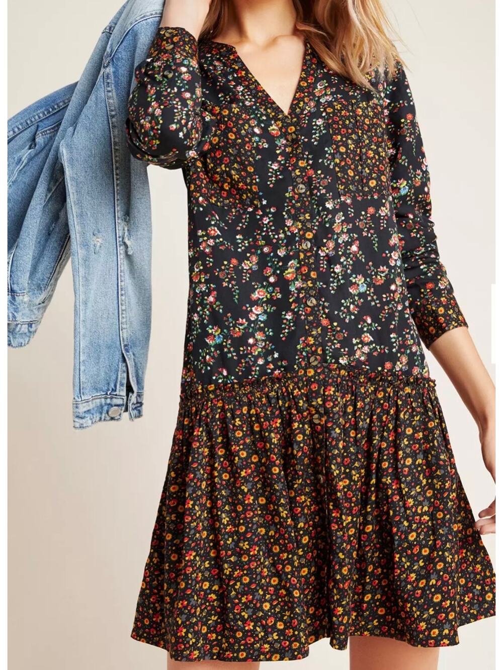 Anthropologie Maeve Floral Drop Waist Mini Dress 4 Black Boho Dark Coquette
